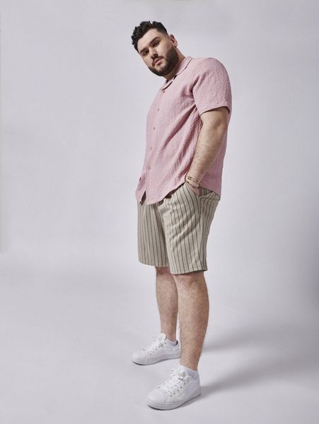 

extended sizes textured lapel neck blouse & striped print shorts s2c1#, Gray