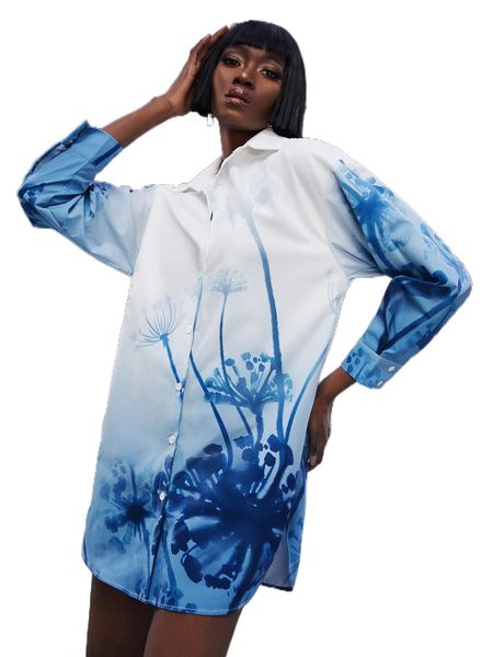 

plant print ombre drop shoulder button front shirt dress t5qi#, Black;gray