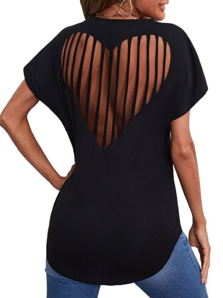 

heart shape laddering cut out high low tee z899#, White