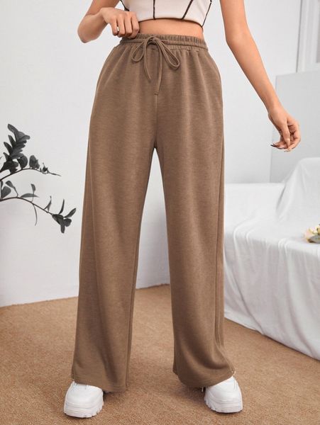 

petite drawstring waist solid pants 66f0#, Black;white