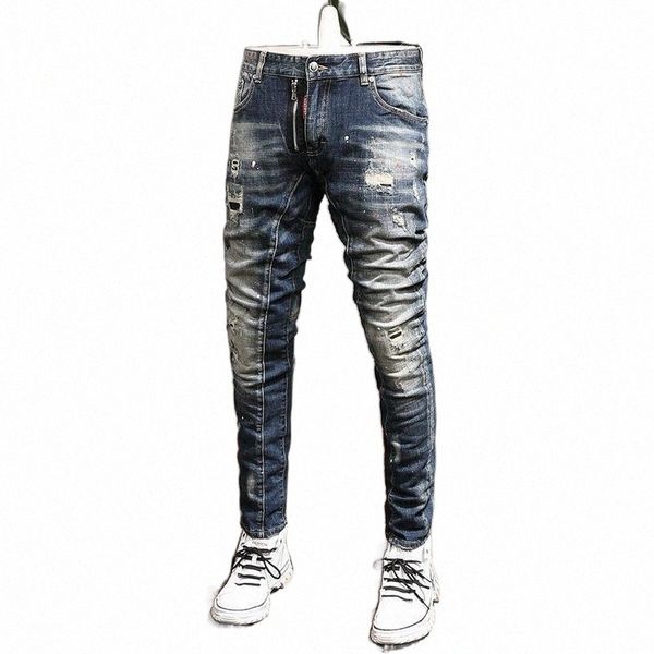 

men's jeans mens fashion dots printed blue ripped men zipper decoration slim fit pencil pants casual cotton denim trousers n78i#