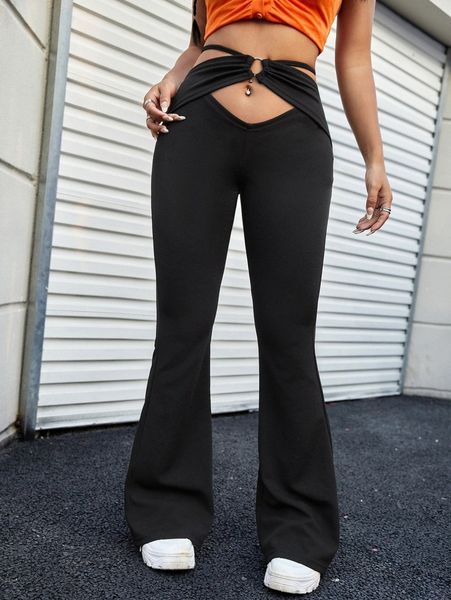 

o-ring cutout waist flare leg pants j5qt#, Black;white