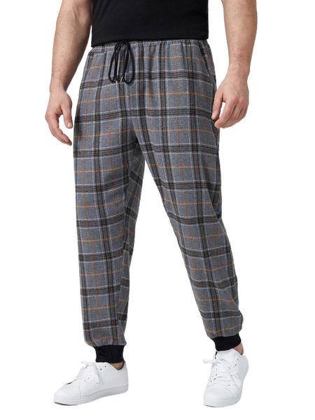 

extended sizes men plaid print drawstring waist carrot pants c8e3#, Black