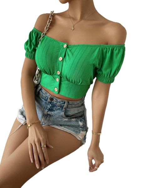 

off shoulder button front crop tee p88f#, White