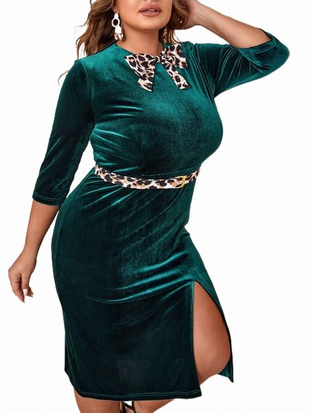 

x retro peaches plus leopard split thigh belted velvet dress s9ir#, Black