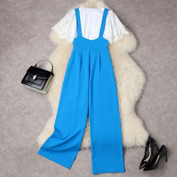 

european and american women's summer 2022 new lace short sleeved white t-shirt blue suspenders fashion suits