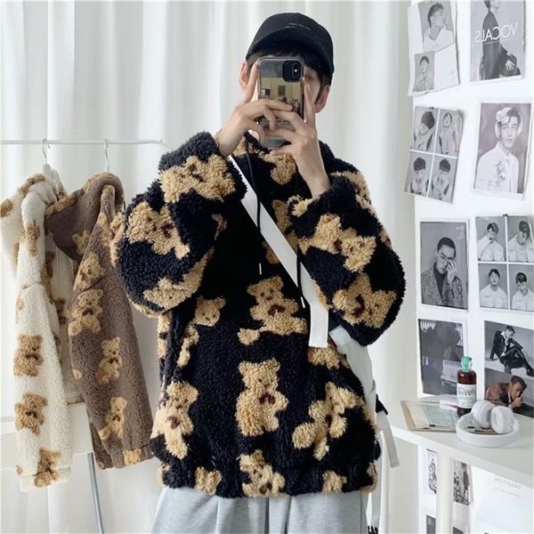 

teddy bear hoodie man oversized hoodie furry sweatshirts loose casual pullovers oversized tracksuit spring men anime clothing 220813, Black