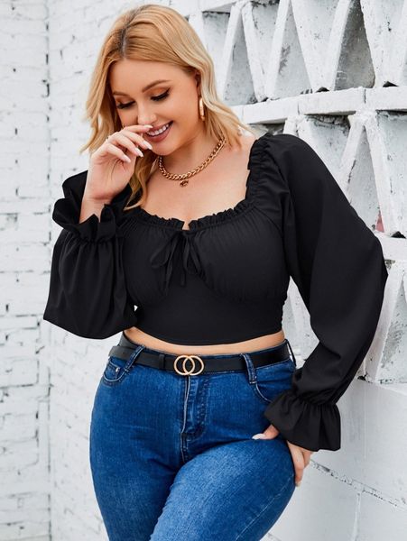 

plus frill trim knot front ruched bust flounce sleeve crop s4hz#, Black