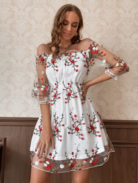 

frill off shoulder floral embroidery mesh dress v4ug#, Black;gray