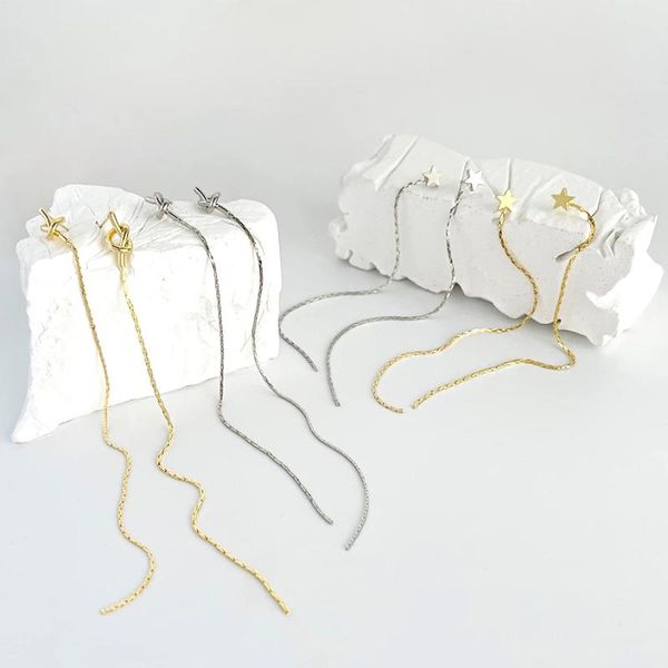 Peri'sBox Goldfarbene fünfzackige Stern-Knoten-Einfädler-Ohrringe für Frauen, trendige, romantische Hochzeits-Ohr-Langkette-Ohrringe