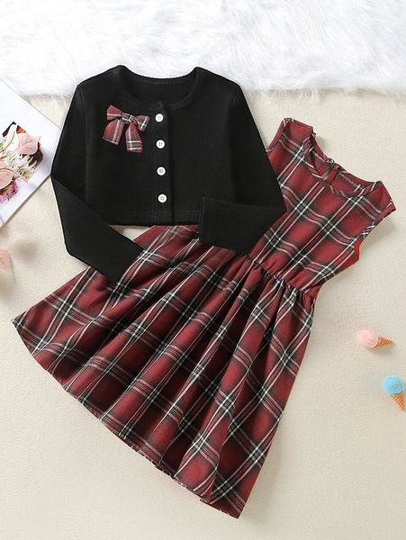 

girls bow front button through & tartan dress she, White