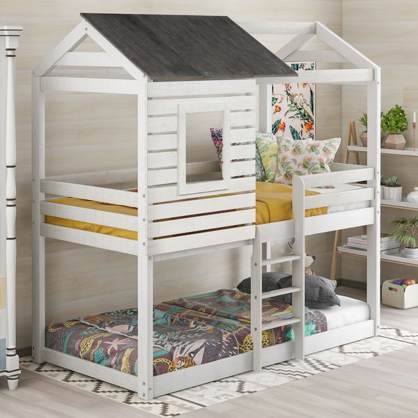 

bunk bed wooden loft bed bedroom furniture roof window guard ladder rustic white