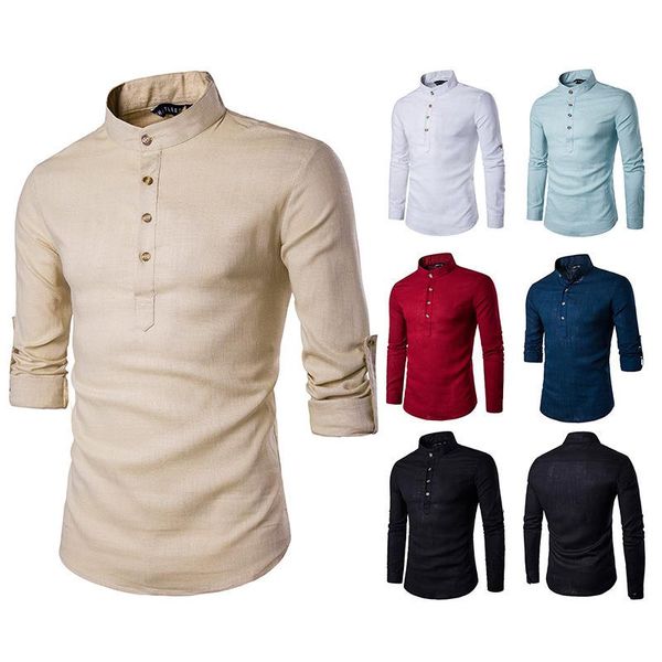 Camicie eleganti da uomo Primavera Moda casual Taglia europea Tinta unita Camicia da uomo a maniche lunghe in lino con collo alto per uomo Abiti coreani