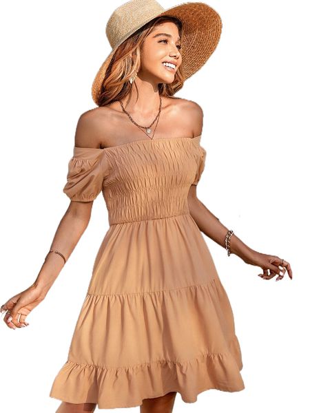 

shirred puff sleeve tie back ruffle hem dress 91qo#, Black;gray