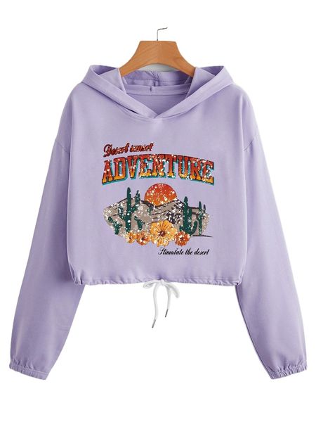 

slogan & cactus print drop shoulder drawstring hem hoodie f0fm#, Black