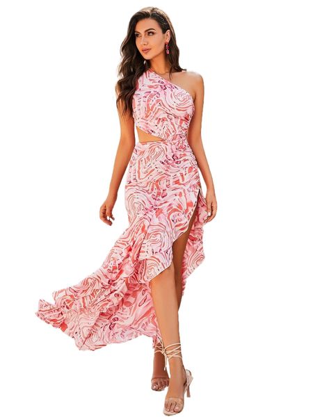 

love&lemonade allover print cut out ruffle trim dress 574s#, Black;gray