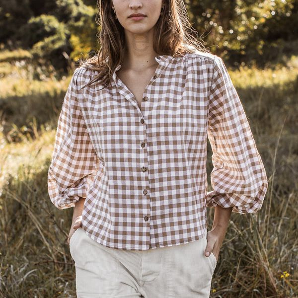 

women's polos designer kale 2022 spring new products contrast color mosaic thousand bird check lantern sleeve check shirt women fto4, White