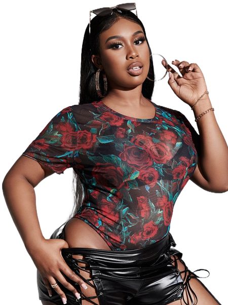 

plus floral print mesh bodysuit without bra 973n#, Black
