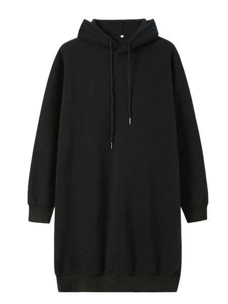 

solid thermal lined drawstring hoodie dress s2bo#, Black