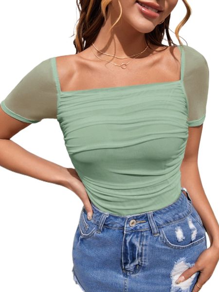

square neck ruched mesh y4rq#, White