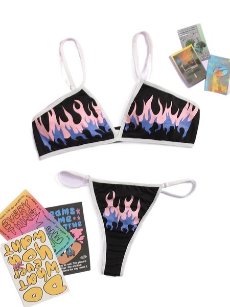 

fire print contrast binding lingerie set y3i8#, Black;red