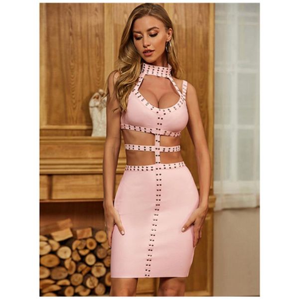 Casual Kleider Großhandel Frauen Sexy Ärmellose O Neck Cut Out Niet Rosa Bodycon Sommer Kleid 2022 Mode Weibliche Club VestidosCasual