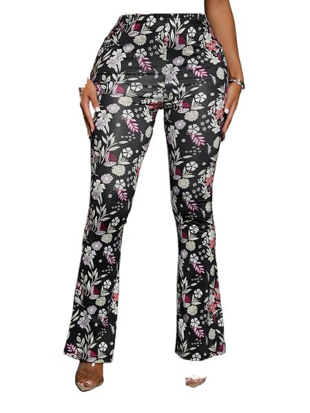 

sxy floral print flare leg pants z3ng#, Black;white