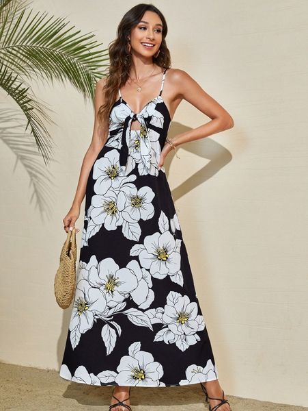 

tie front ruched floral print cami dress g40k#, Black;gray