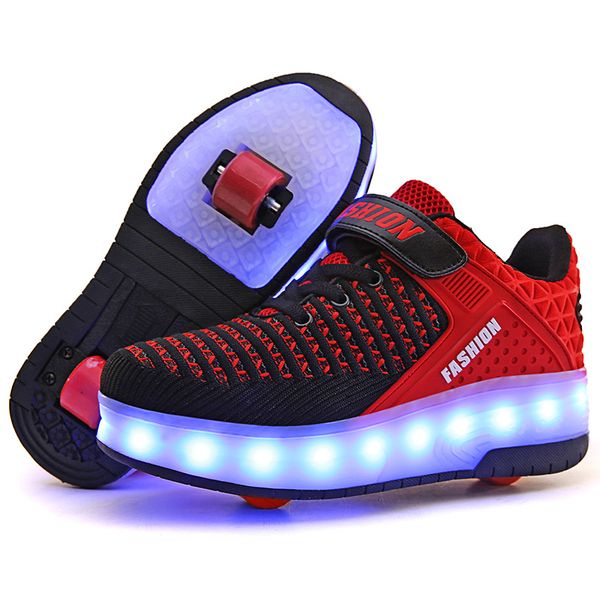 

size 29-40 children two wheels luminous glowing casual sneakers light roller skate led shoes kids boys girls usb charging, Black;red