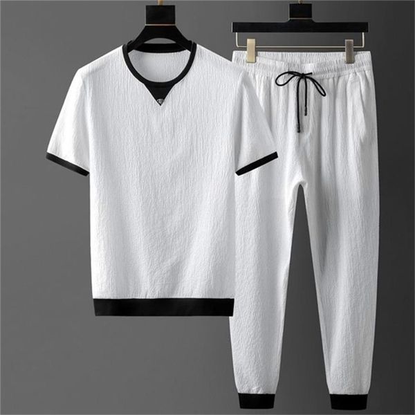 

men s sets summer short sleeve elastic waist trousers clothing two piece set korean streetwear tracksuit big size 220613, Gray