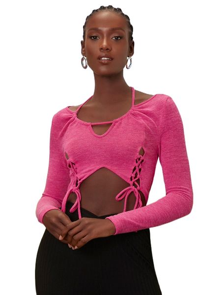 

newness lace up knot asymmetrical hem crop tee d0v1#, White