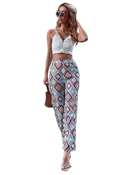 

high waist argyle print wide leg pants s1st#, Black;white