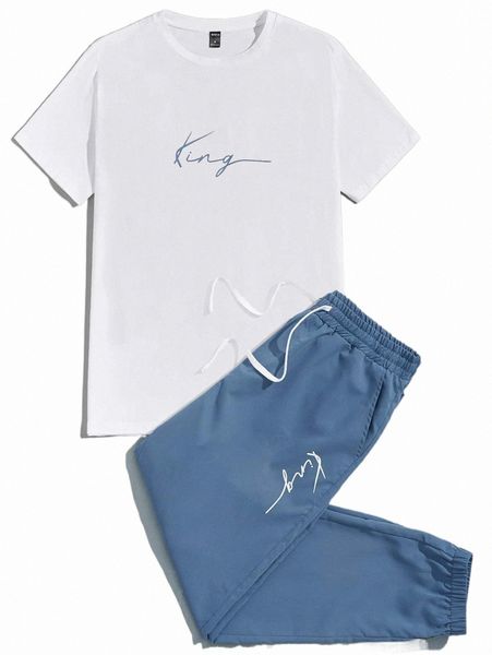 

men letter graphic tee & drawstring waist pants p6gs#, Gray