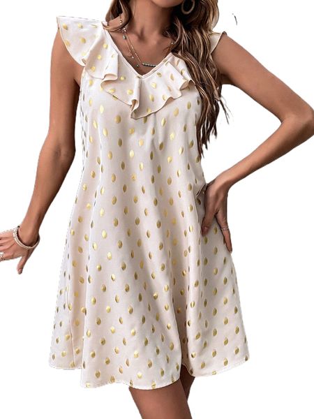 

gold dot p.rint r.uffle trim d.ress s8hp#, Black;gray