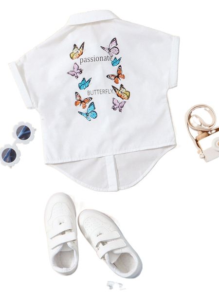 

plus dip hem letter and butterfly print cuffed shirt i0dx#, Black