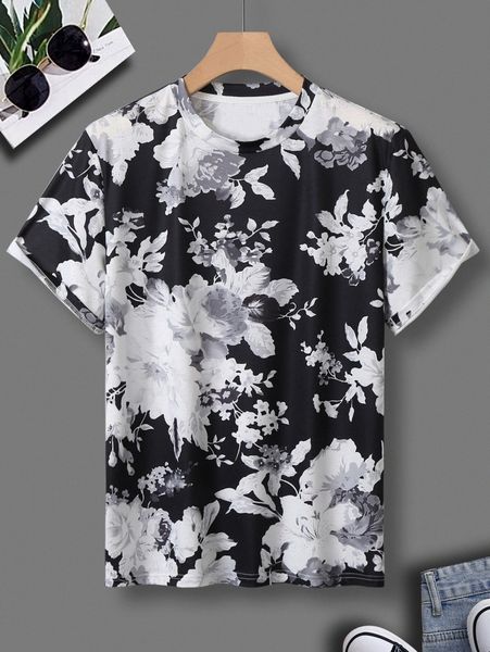 

men floral print tee 58pc#, White;black