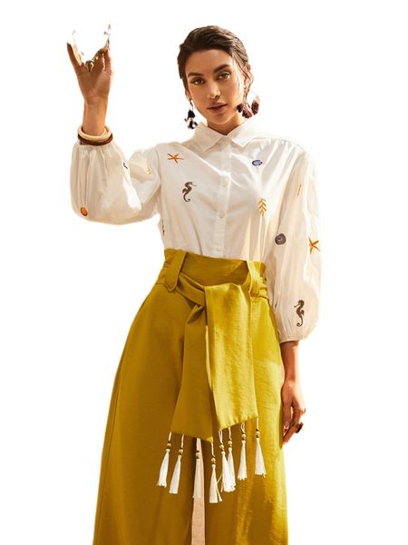 

embroidery detail lantern sleeve blouse p75e#, White