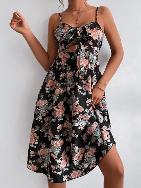 

tie front floral cami dress i6nt#, Black;gray