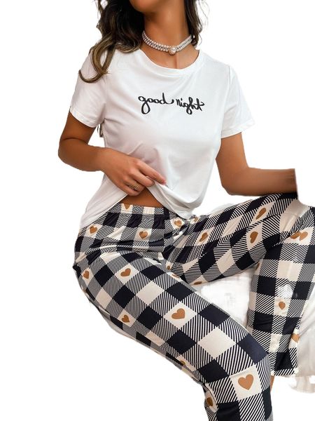 

plaid & slogan graphic pj set k2ag#, Black;red
