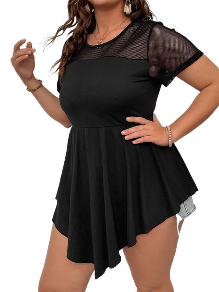 

plus contrast mesh asymmetrical hem tee q5ty#, Black