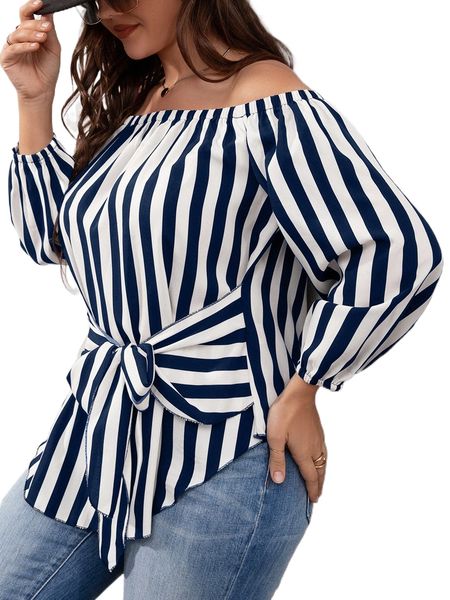 

plus striped bishop sleeve off shoulder tie front blouse w88l#, Black