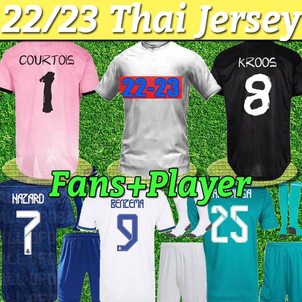 

21 22 23 benzema real soccer jerseys madrid hazard courtois 1 modric men + kids kit 2022 fans player version goalkeeper football shirts sock, Black;yellow