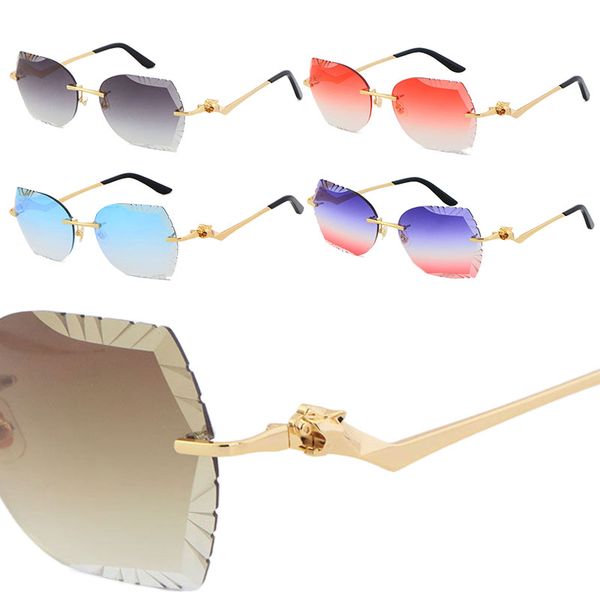 

wholesale metal rimless leopard series sunglasses designer driving goggle sun glasses 3.0 thickness frameless diamond cut lens uv400 man wom, White;black