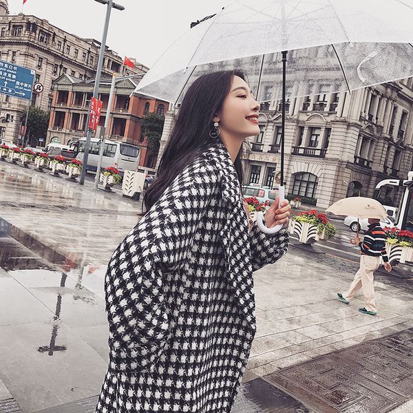 

women woolen coat female long houndstooth office ladies cloak plus size m4xl plaid winter vintage thicken loose lapel jacket 220812, Tan;black