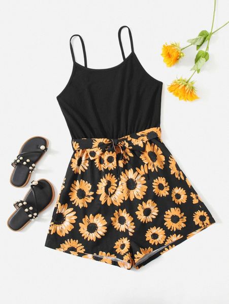 

sunflower print belted cami romper n8cp#, Black;white