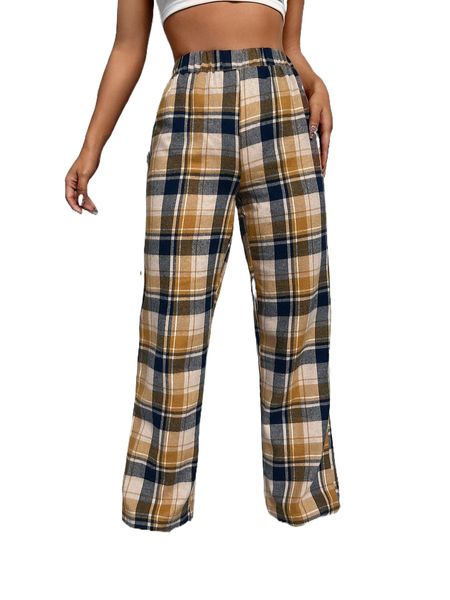 

petite plaid print elastic waist pants l4ic#, Black;white