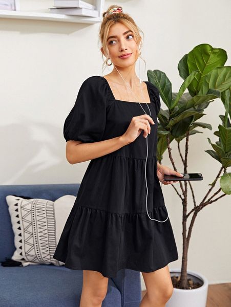 

puff sleeve ruffle hem smock dress f4an#, Black;gray
