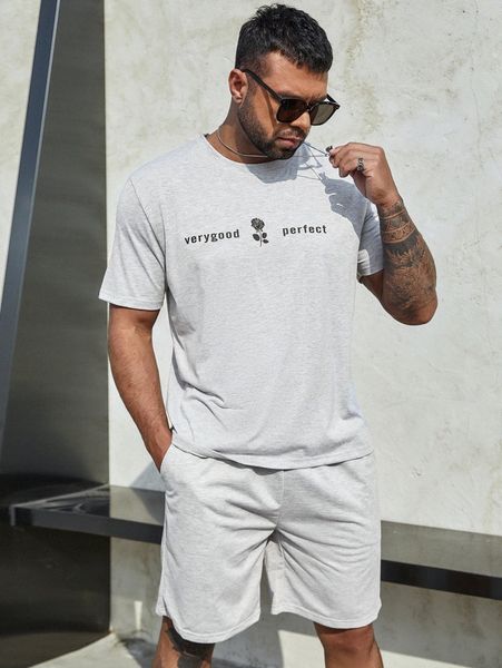 

extended sizes men letter & floral print tee & shorts m5wf#, Gray