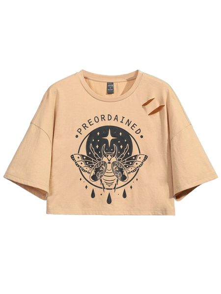 

x drawdoland insect print ripped detail drop shoulder tee a4pa#, White