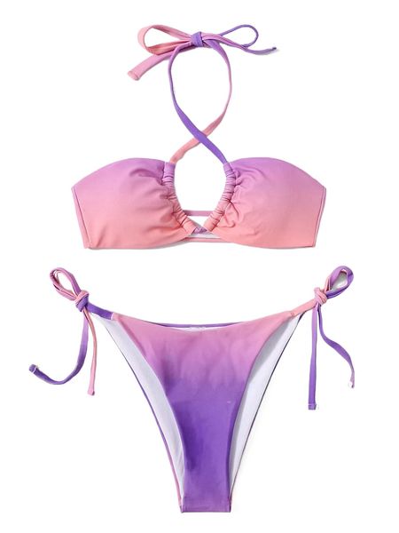 

random ombre halter knot side triangle thong bikini swimsuit f5dw#, White;black